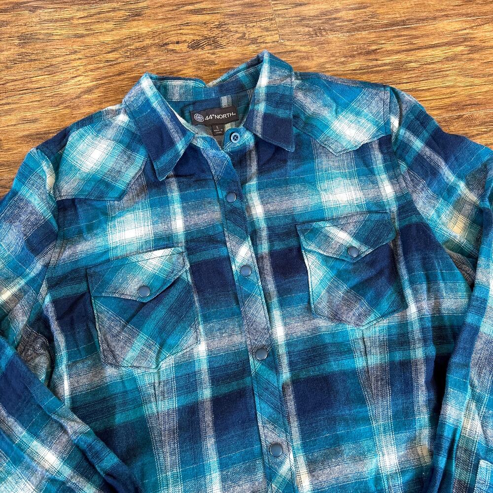 44 Degrees North Teal Navy Blue Plaid Flannel Western Snap Shirt Large NWT